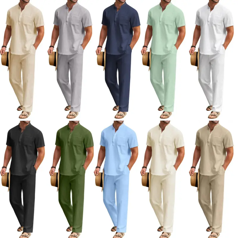 10 Pack-Men's 2 Pieces Cotton Linen Set Casual Short Sleeve Henley Shirts Beach Yoga Pants Summer Outfits