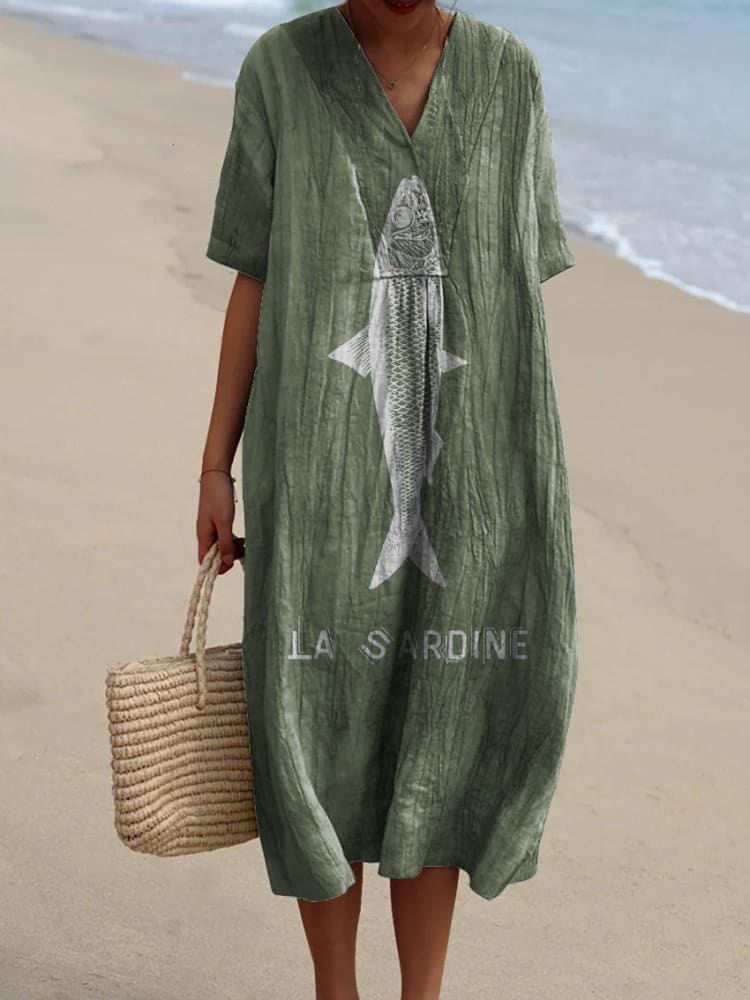 Sardine Fish Graphic Printed Women's Flowy Dress 11d2