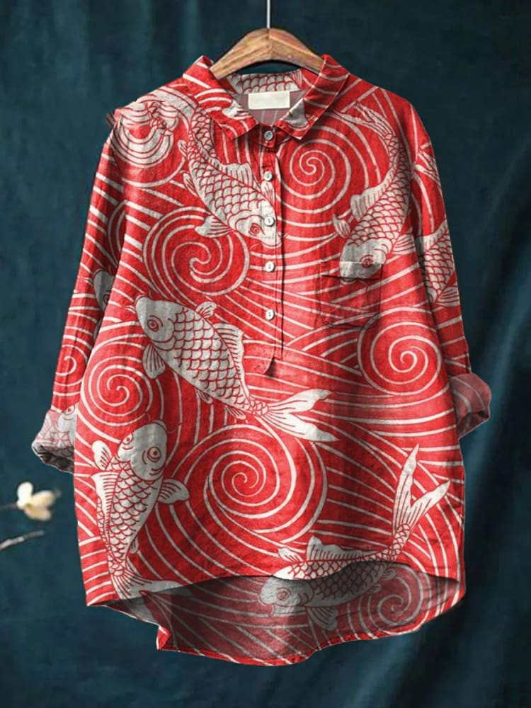Women's Fish Art Print Casual Cotton And Linen Shirt b4fd