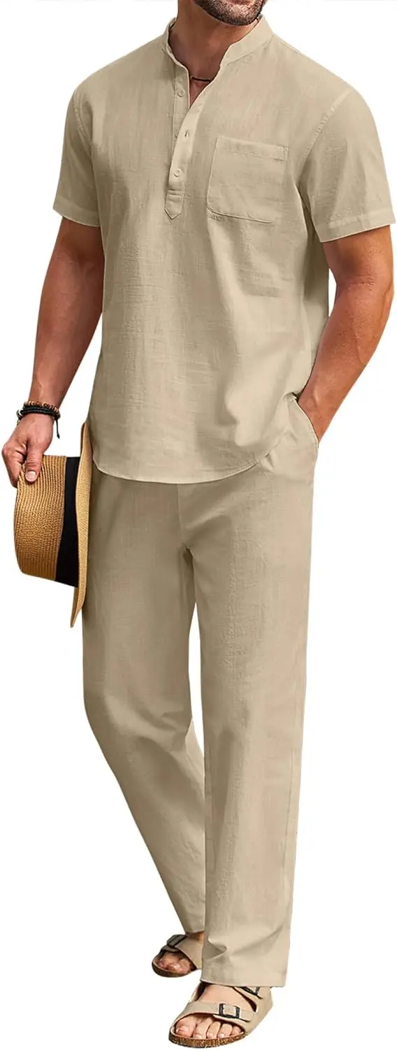 10 Pack-Men's 2 Pieces Cotton Linen Set Casual Short Sleeve Henley Shirts Beach Yoga Pants Summer Outfits