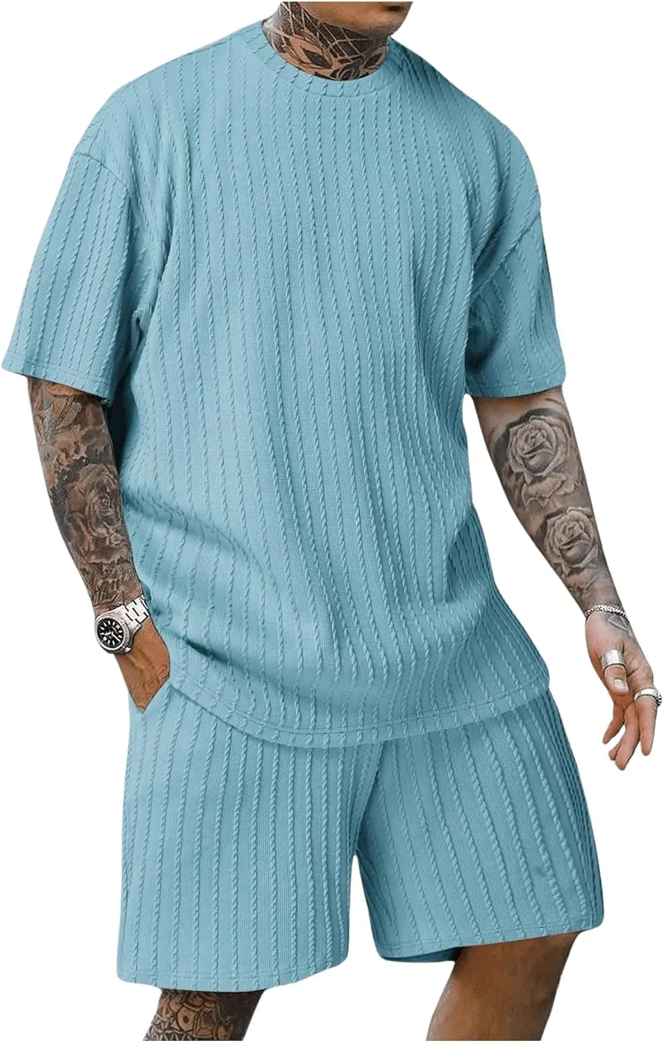 7 Pack-Men's 2 Piece Outfits Short Sleeve Crewneck Summer T Shirt and Drawstring Casual Track Shorts Set