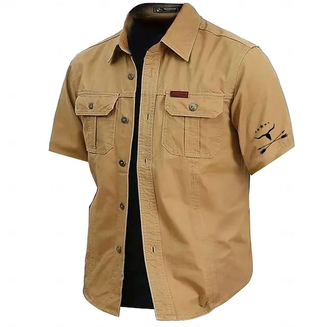 4 PACK-Cow Print Casual Men's Work Shirt Cargo Shirt Sports & Outdoor Camping & Hiking Going out Summer Spring Fold-over Collar Short Sleeve Army Green, Khaki, Dark Blue S, M, L 100% Cotton Shirt