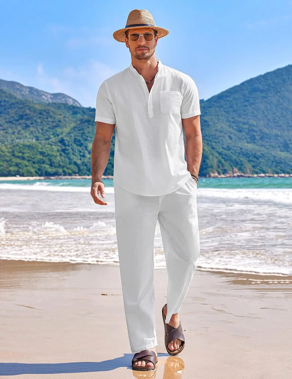 10 Pack-Men's 2 Pieces Cotton Linen Set Casual Short Sleeve Henley Shirts Beach Yoga Pants Summer Outfits