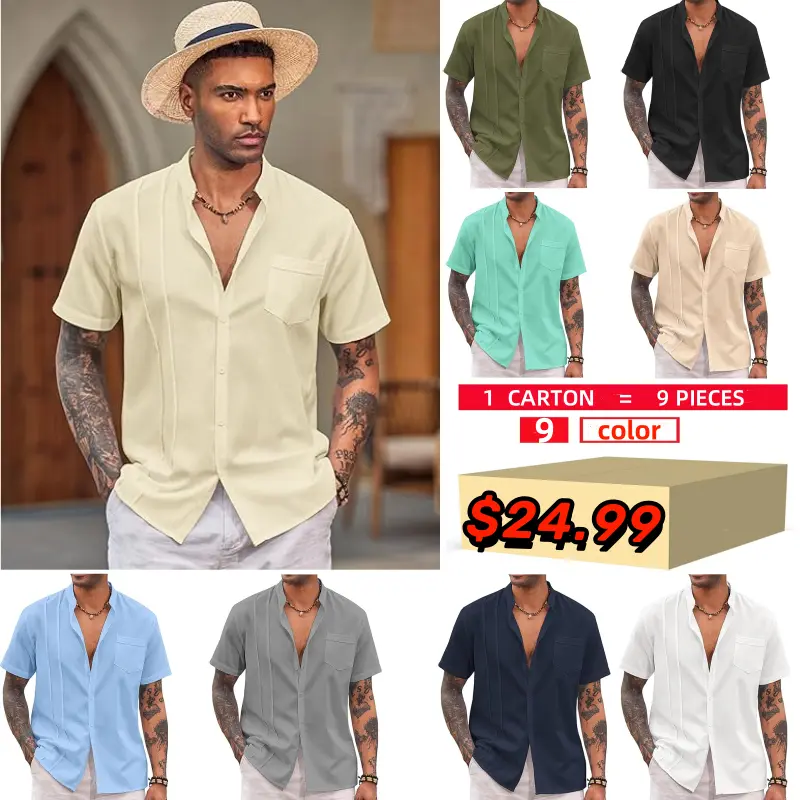 9 Pack-Men's Cuban Guayabera Shirt Cotton Linen Short Sleeve Button Down Shirts Casual Band Collar Summer Shirt