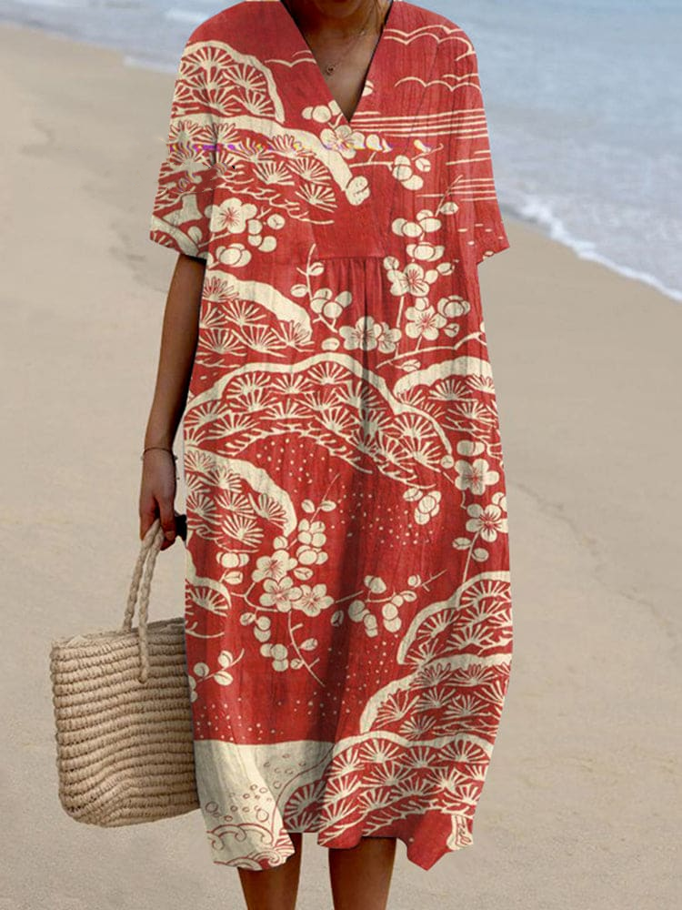 Japanese Art Plum Blossom Printed V Neck Casual Midi Dress 70b9