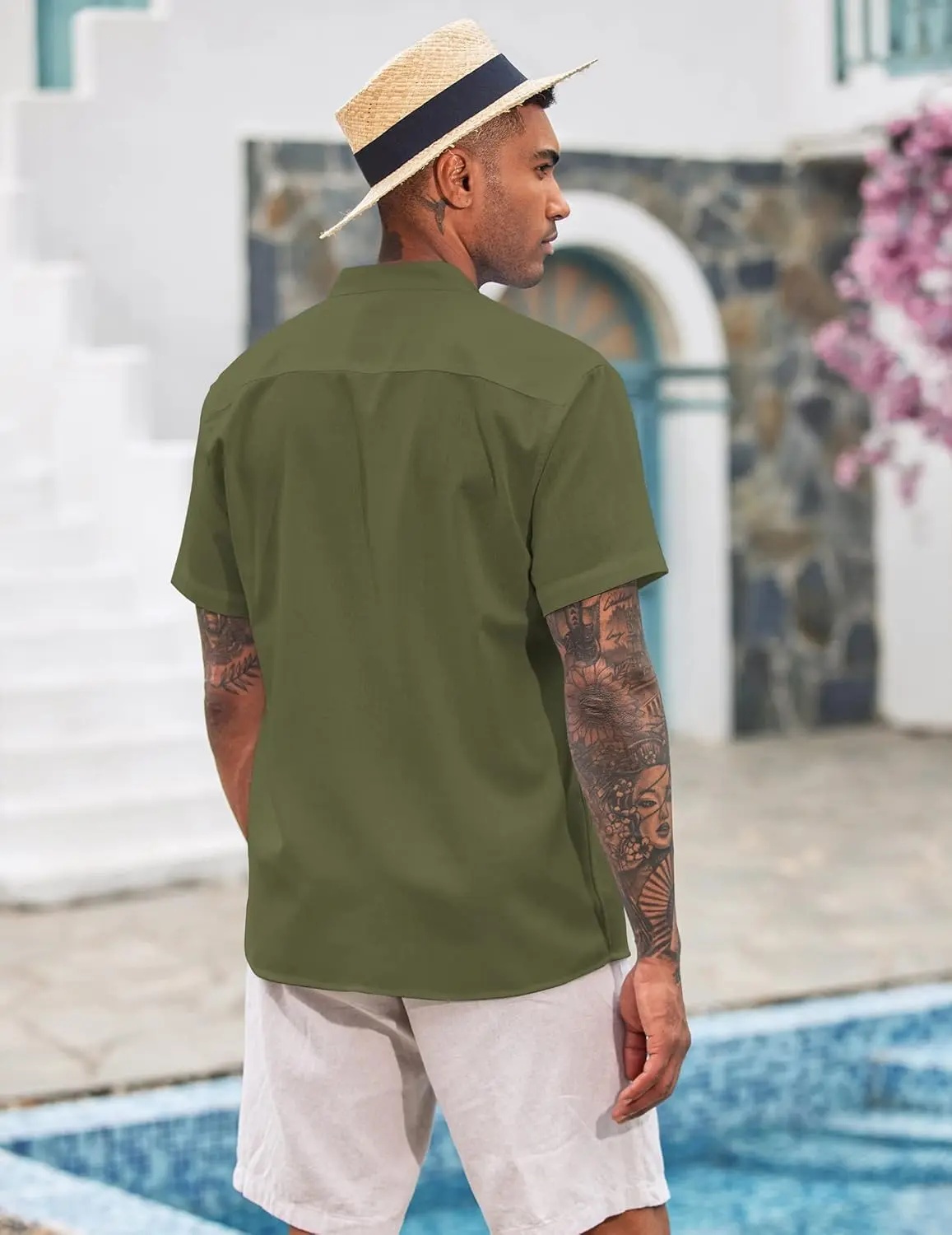 9 Pack-Men's Cuban Guayabera Shirt Cotton Linen Short Sleeve Button Down Shirts Casual Band Collar Summer Shirt