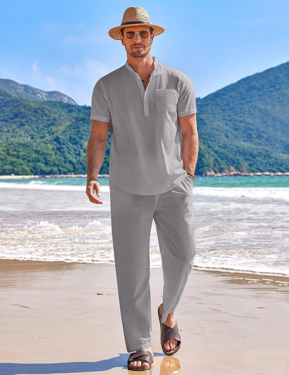 10 Pack-Men's 2 Pieces Cotton Linen Set Casual Short Sleeve Henley Shirts Beach Yoga Pants Summer Outfits