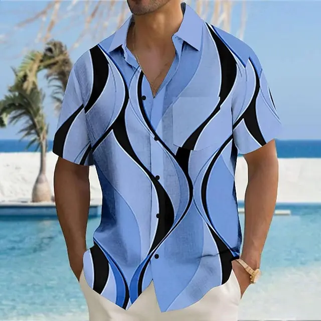 4 PACK-Geometric Lines / Waves Hawaiian Resort Men's Printed Shirts Party Causal Daily Summer Turndown Short Sleeve Black, White, Blue S, M, L Polyester Shirt