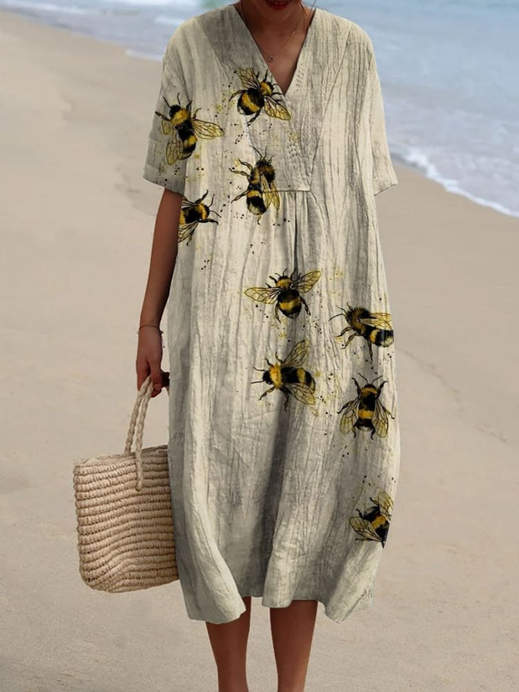 Women's Vintage Lovely Bees Art Print Flowy Dress 1ba6