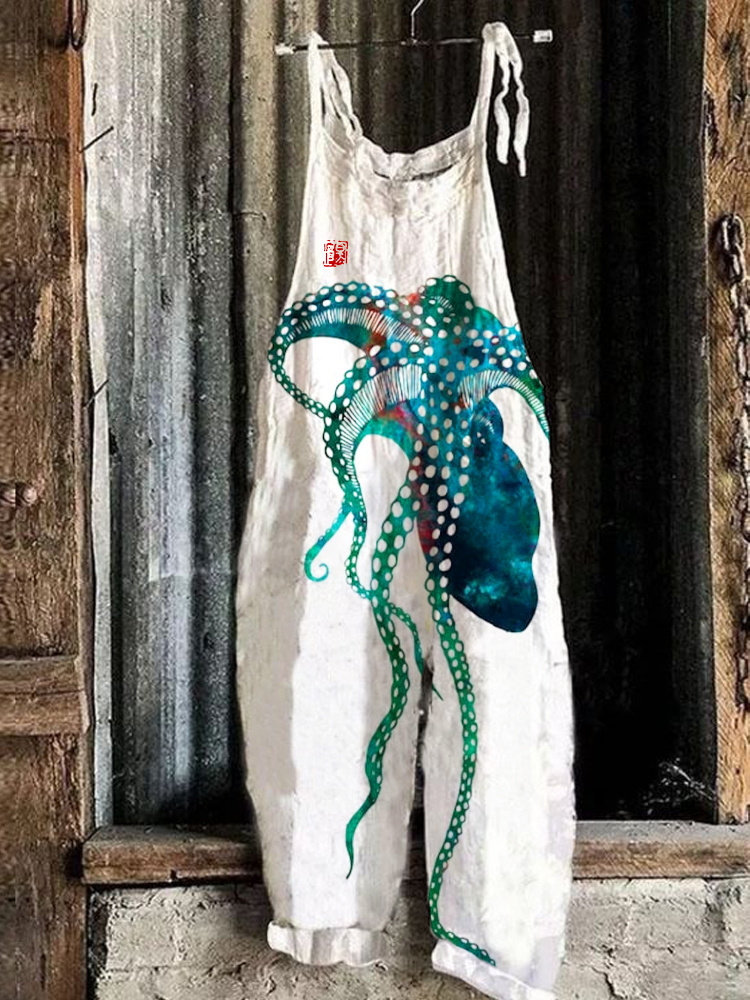 Watercolor Octopus Tentacles Japanese Print Linen Loose Casual Jumpsuit 973b