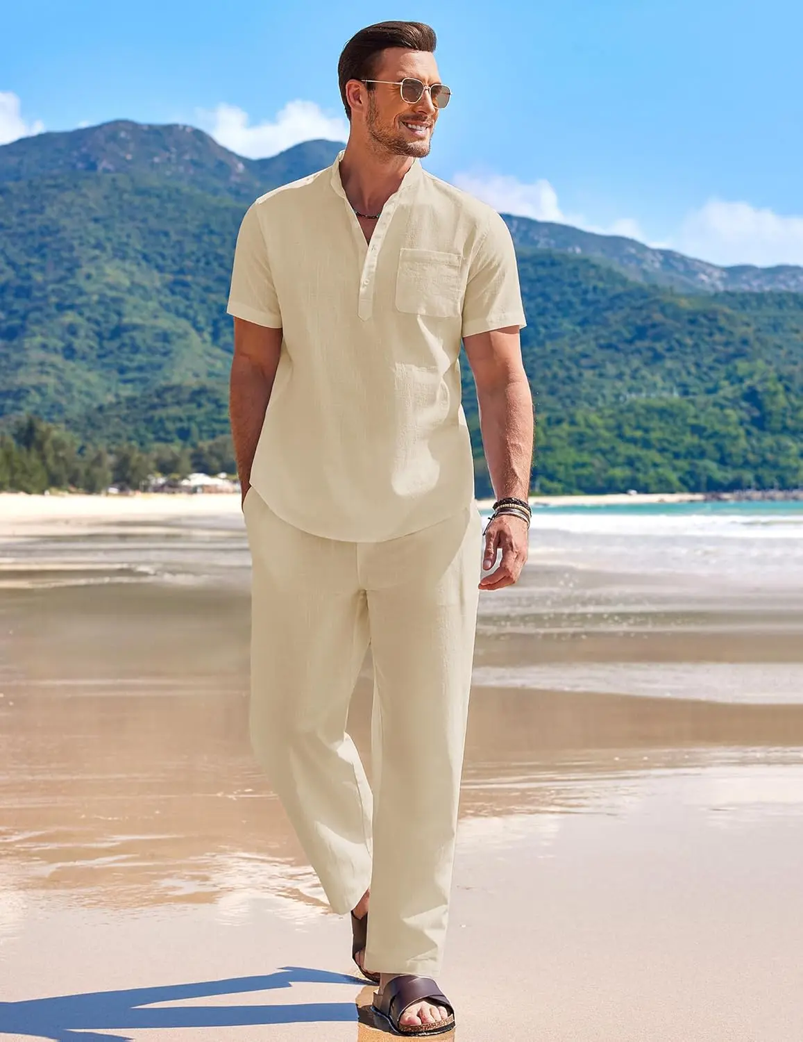 10 Pack-Men's 2 Pieces Cotton Linen Set Casual Short Sleeve Henley Shirts Beach Yoga Pants Summer Outfits