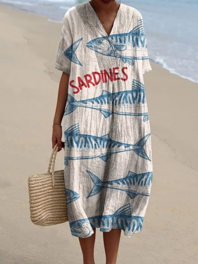 Women's Simple Blue Sardines Watercolor Splash Fluid Art Print Flowy Dress c2f5