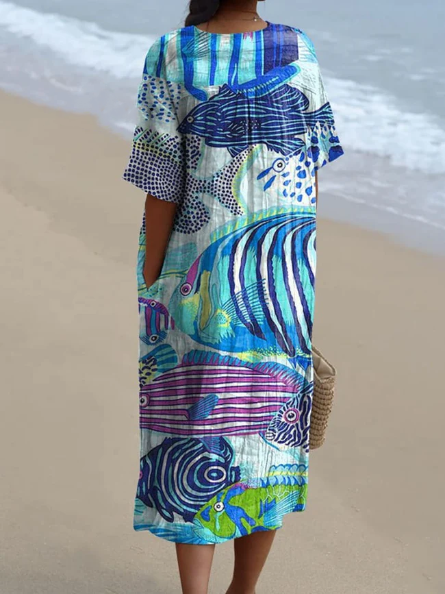 Women's Vintage Lovely Fish Art Print Flowy Dress c58c