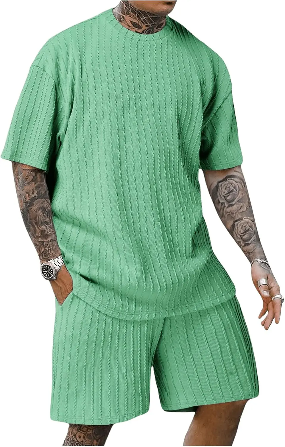 7 Pack-Men's 2 Piece Outfits Short Sleeve Crewneck Summer T Shirt and Drawstring Casual Track Shorts Set