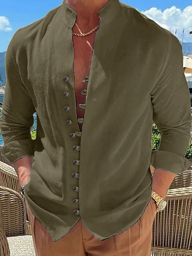 8 PACK-Men's Shirt Linen Shirt Summer Shirt Button Up Shirt Casual Shirt Black White Pink Blue Long Sleeve Plain Band Collar Summer Spring &  Fall Daily Vacation Clothing Apparel