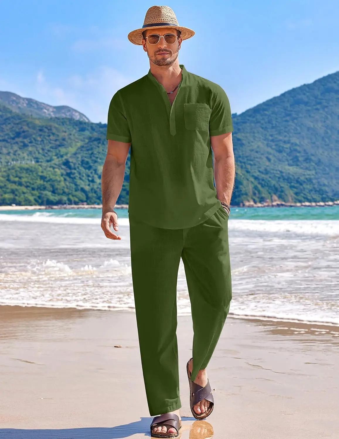 10 Pack-Men's 2 Pieces Cotton Linen Set Casual Short Sleeve Henley Shirts Beach Yoga Pants Summer Outfits