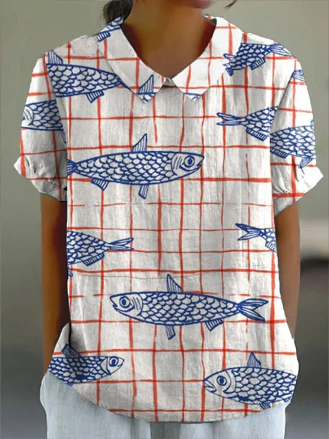 Women's Red Checkered Fish Print Casual Top aac3
