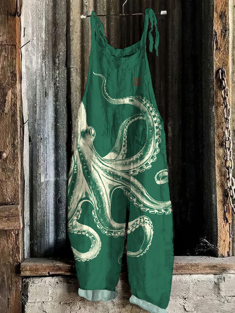 Vintage Japanese Art Octopus Print Casual Loose Jumpsuit 35ec