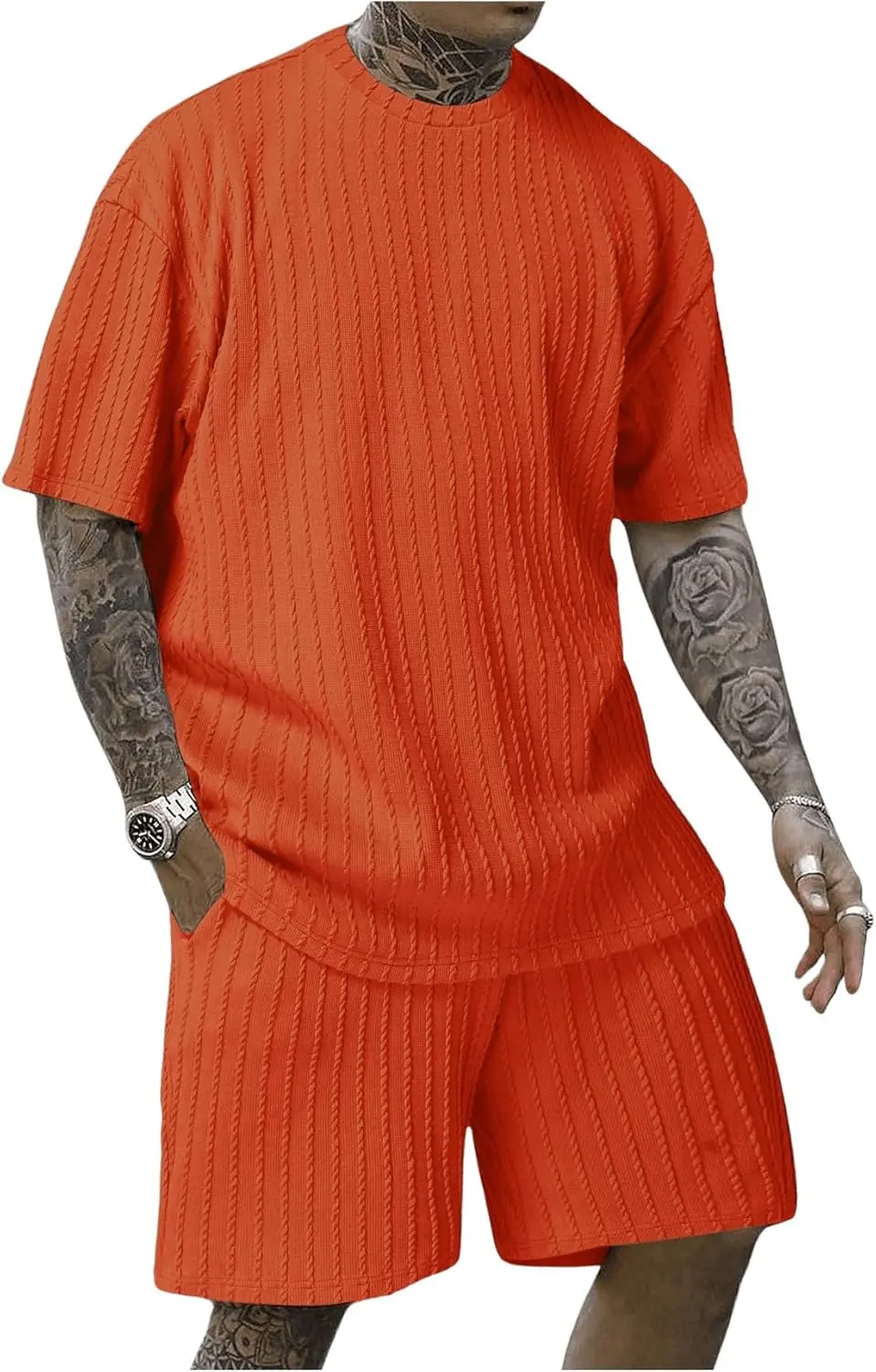 7 Pack-Men's 2 Piece Outfits Short Sleeve Crewneck Summer T Shirt and Drawstring Casual Track Shorts Set