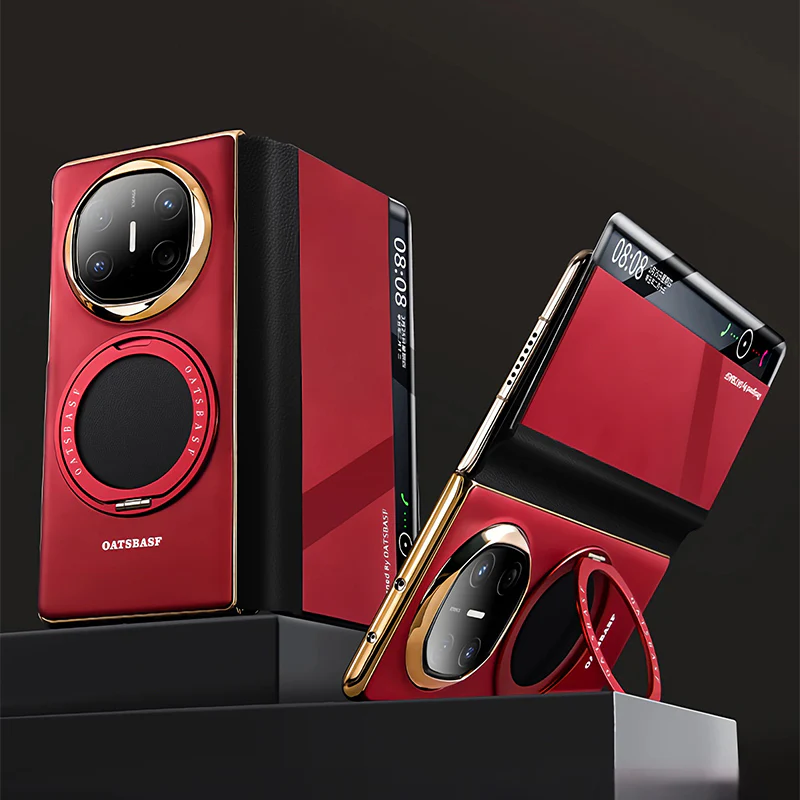 Oatsbasf Metal + Genuine Leather Smart Clear View Flip Cover MagSafe Bracket Case