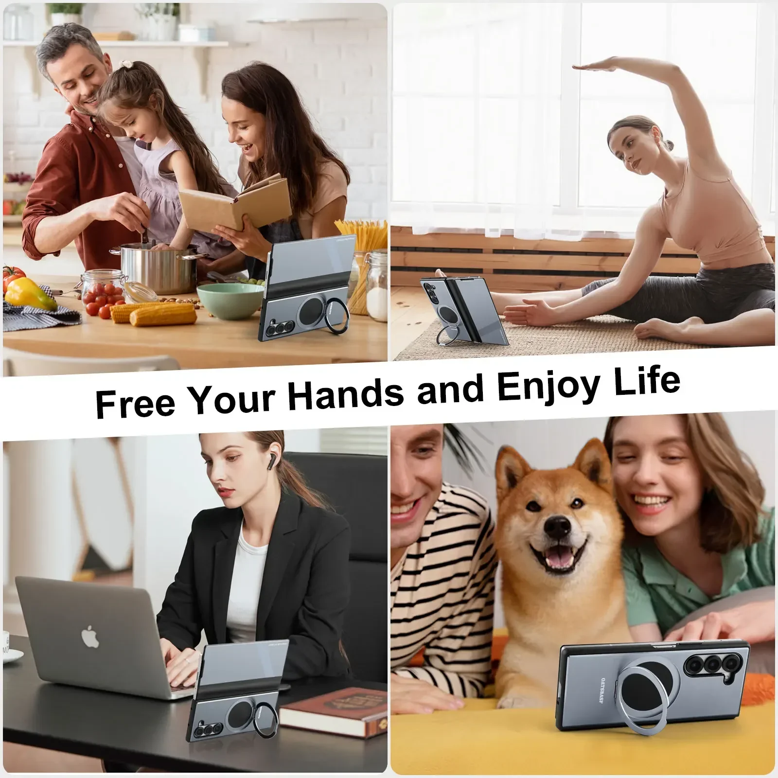 Oatsbasf Metal + Genuine Leather Smart Clear View Flip Cover MagSafe Bracket Case