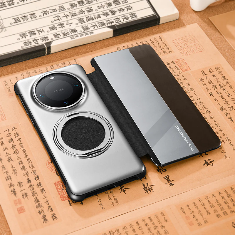 Oatsbasf Metal + Genuine Leather Smart Clear View Flip Cover MagSafe Bracket Case