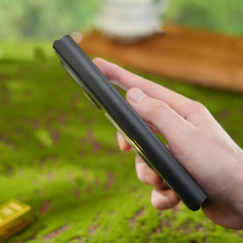 Oatsbasf Metal + Genuine Leather Smart Clear View Flip Cover MagSafe Bracket Case