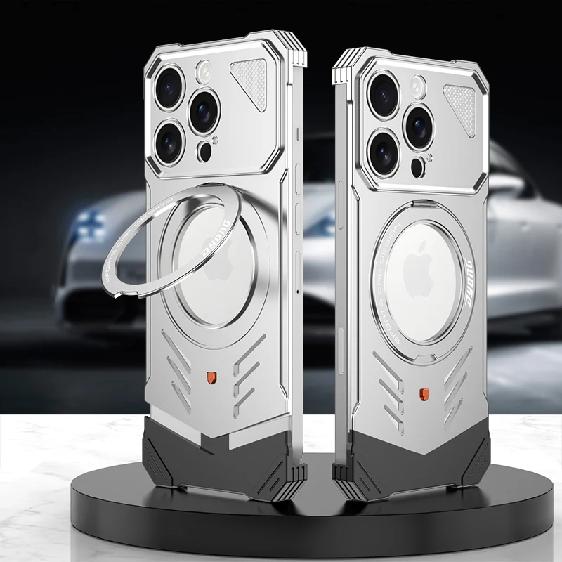 Armor King Supercar MagSafe Pivot Ring Stand Elastic Buckle Frameless Metal Case Cover
