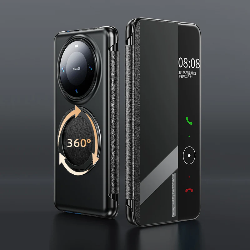 Oatsbasf Metal + Genuine Leather Smart Clear View Flip Cover MagSafe Bracket Case