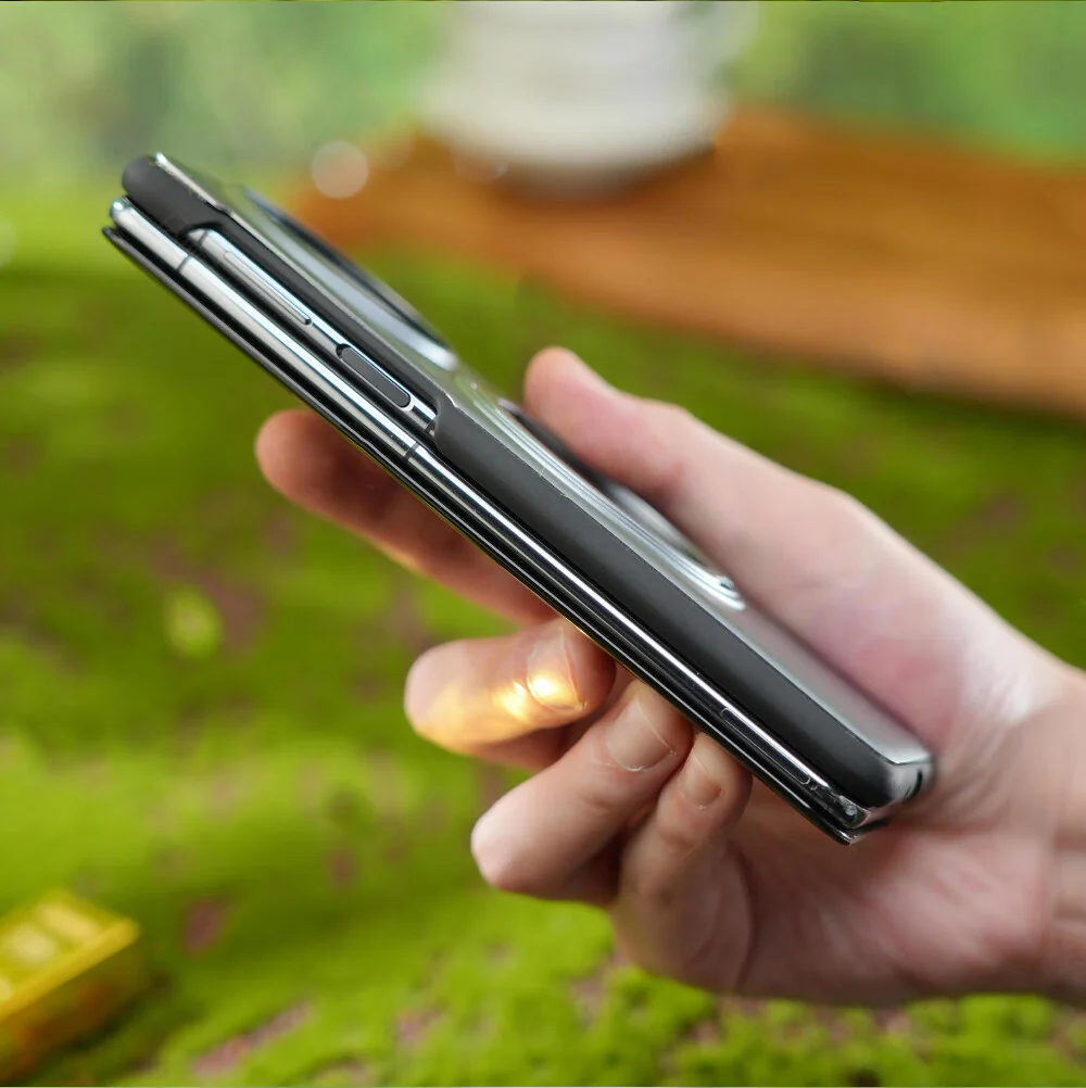 Oatsbasf Metal + Genuine Leather Smart Clear View Flip Cover MagSafe Bracket Case