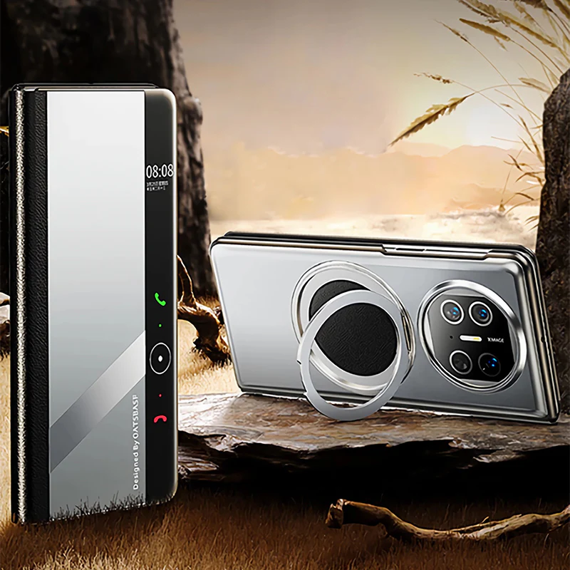 Oatsbasf Metal + Genuine Leather Smart Clear View Flip Cover MagSafe Bracket Case