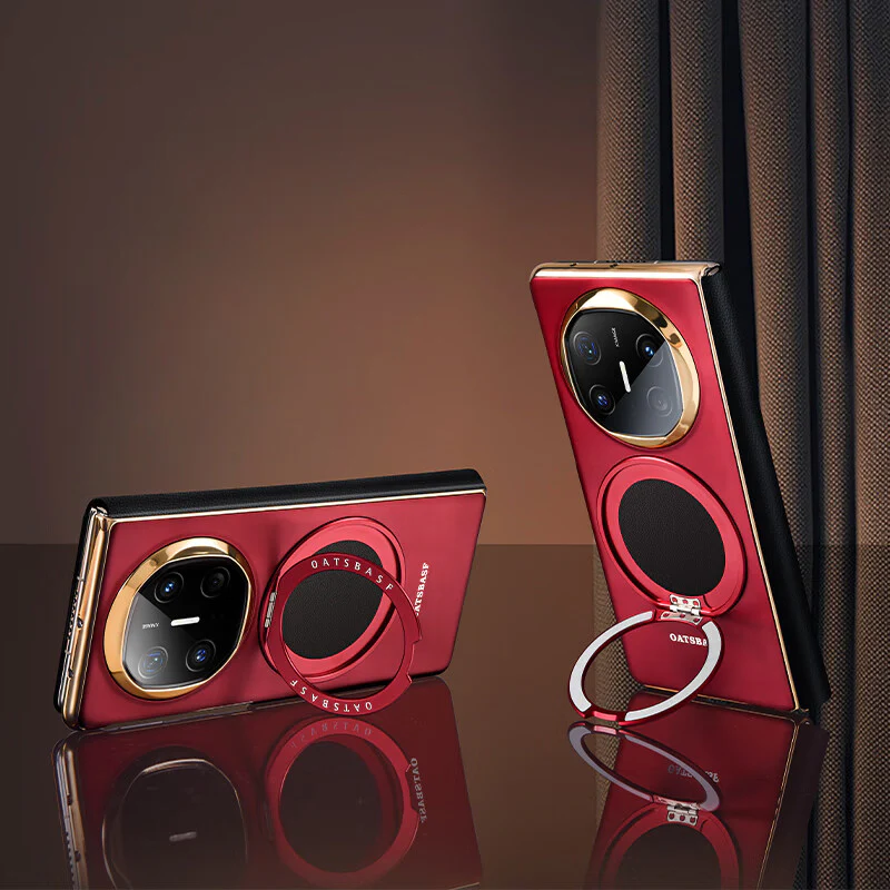 Oatsbasf Metal + Genuine Leather Smart Clear View Flip Cover MagSafe Bracket Case