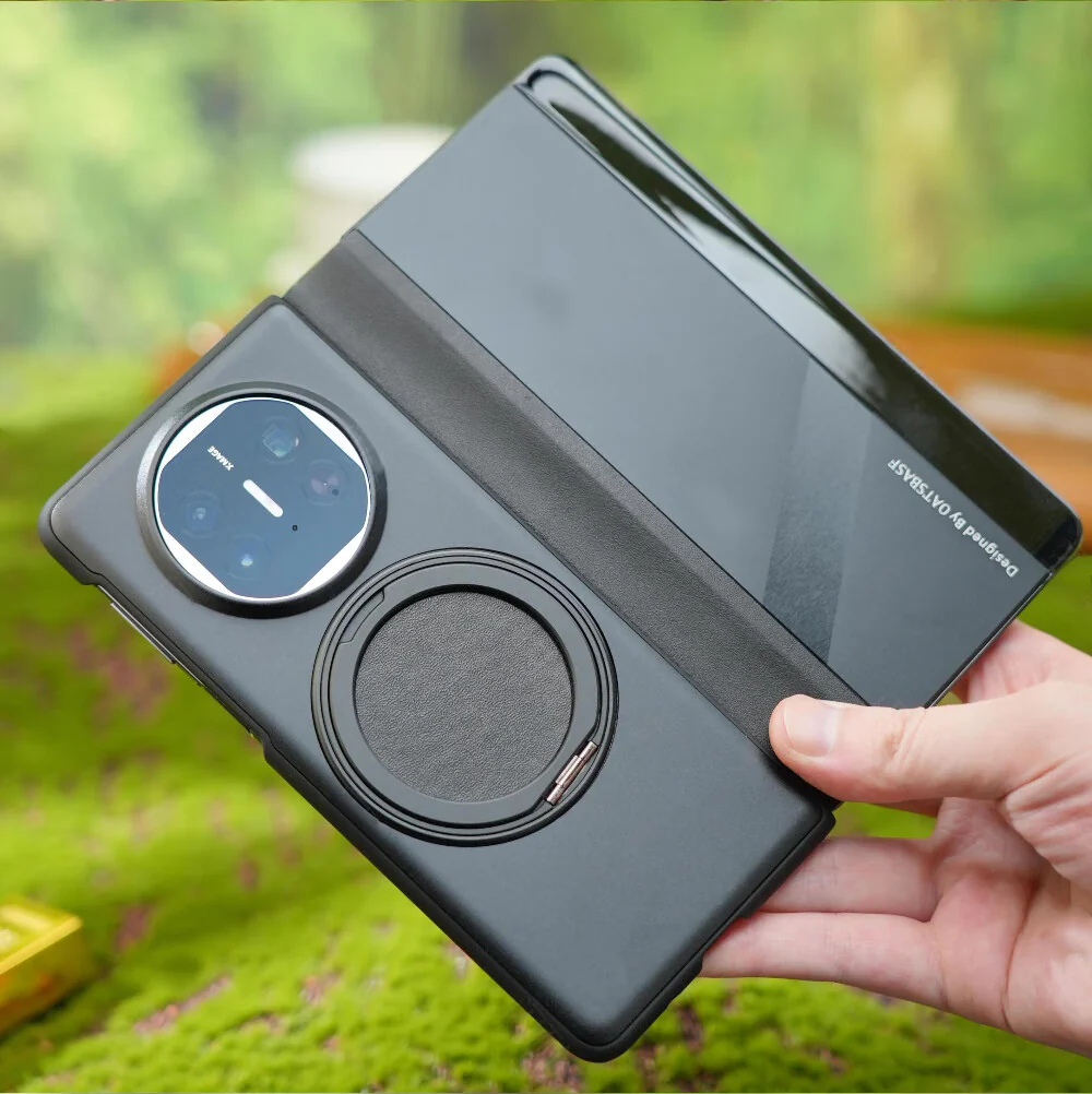 Oatsbasf Metal + Genuine Leather Smart Clear View Flip Cover MagSafe Bracket Case