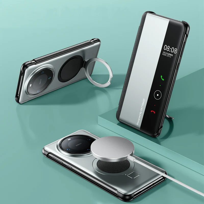 Oatsbasf Metal + Genuine Leather Smart Clear View Flip Cover MagSafe Bracket Case