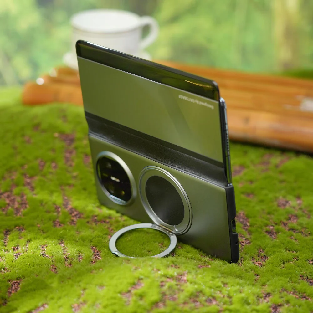 Oatsbasf Metal + Genuine Leather Smart Clear View Flip Cover MagSafe Bracket Case