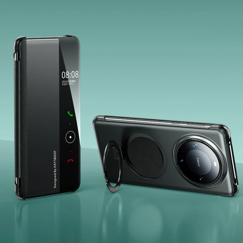 Oatsbasf Metal + Genuine Leather Smart Clear View Flip Cover MagSafe Bracket Case