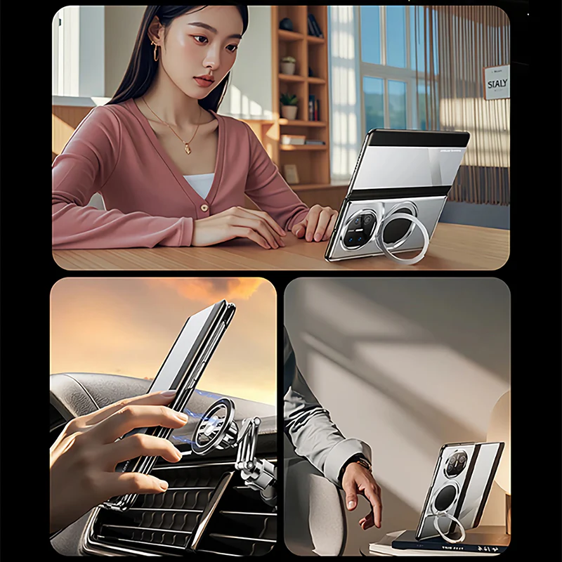 Oatsbasf Metal + Genuine Leather Smart Clear View Flip Cover MagSafe Bracket Case