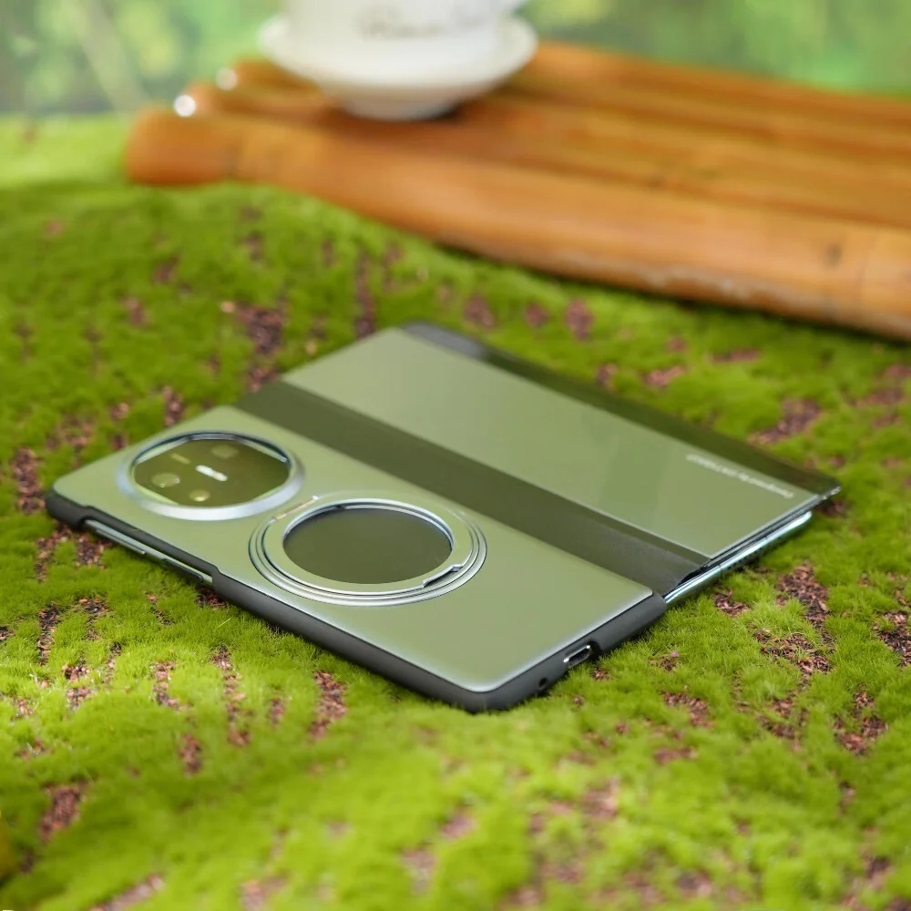 Oatsbasf Metal + Genuine Leather Smart Clear View Flip Cover MagSafe Bracket Case