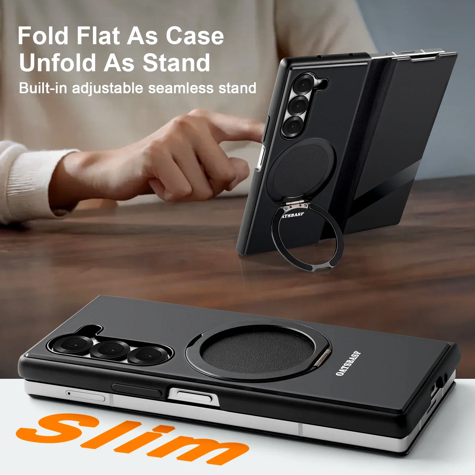 Oatsbasf Metal + Genuine Leather Smart Clear View Flip Cover MagSafe Bracket Case