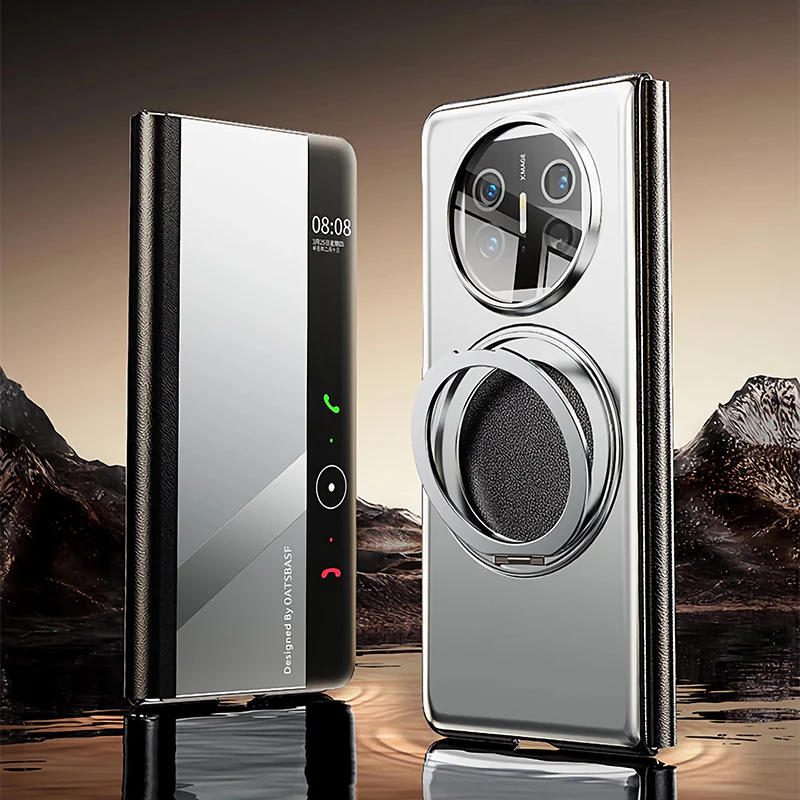 Oatsbasf Metal + Genuine Leather Smart Clear View Flip Cover MagSafe Bracket Case