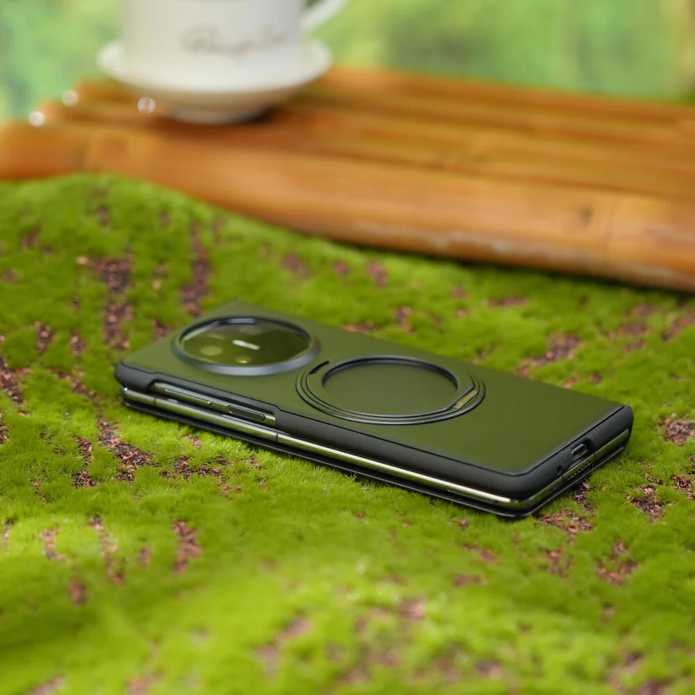 Oatsbasf Metal + Genuine Leather Smart Clear View Flip Cover MagSafe Bracket Case