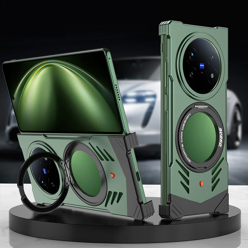 Armor King Supercar MagSafe Pivot Ring Stand Elastic Buckle Frameless Metal Case Cover