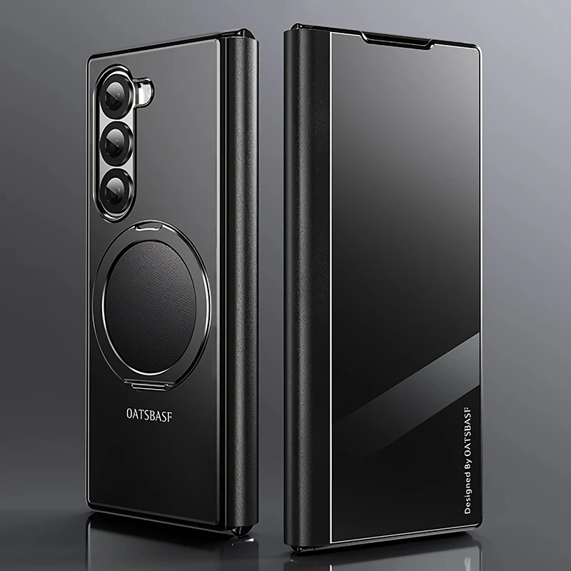 Oatsbasf Metal + Genuine Leather Smart Clear View Flip Cover MagSafe Bracket Case