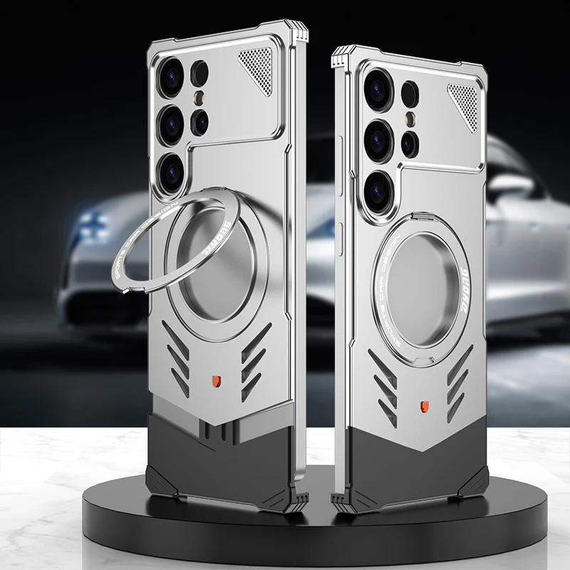 Armor King Supercar MagSafe Pivot Ring Stand Elastic Buckle Frameless Metal Case Cover